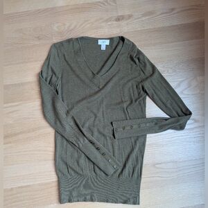 LOFT Olive V-Neck Sweater with Button Cuffs
